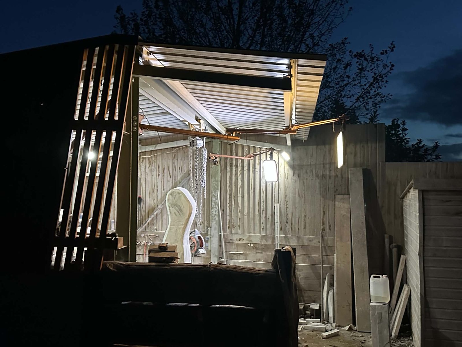 The carving workshop at dusk